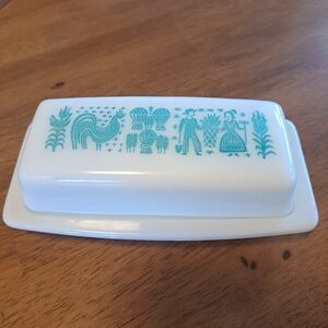 Vtg Pyrex Amish Butterprint Butter Dish/Lid Rooster Turquoise White Blue 7"